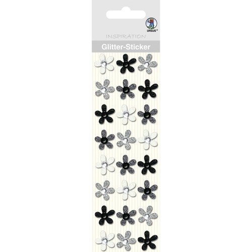 Glitter Sticker Blüten schwarz/weiß, 24 Stück ➤ ✓