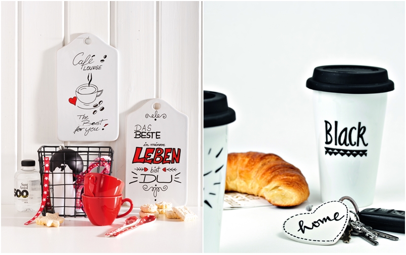 Frühstücks-Brettchen aus Porzellan und Kaffeebecher to go  mit Porcelain & Glas Paintern bemalt. 