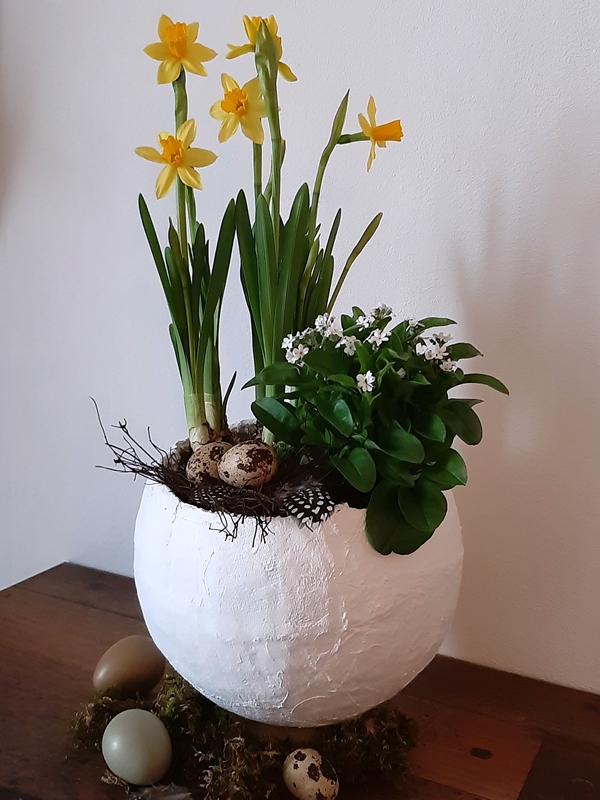 Pflanzschale mit Osterglocken und Natureiern