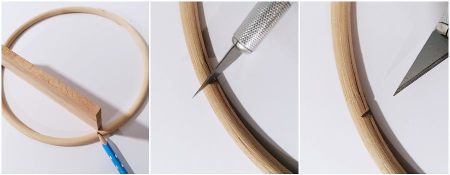 Eine Kerbe wird in einen Bambus-Ring geschnitten