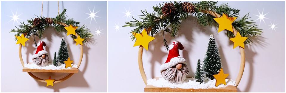 Weihnachtsmann aus Modelliermasse im Bambus-Ring mit gelben Sternen im Bambus-Ring