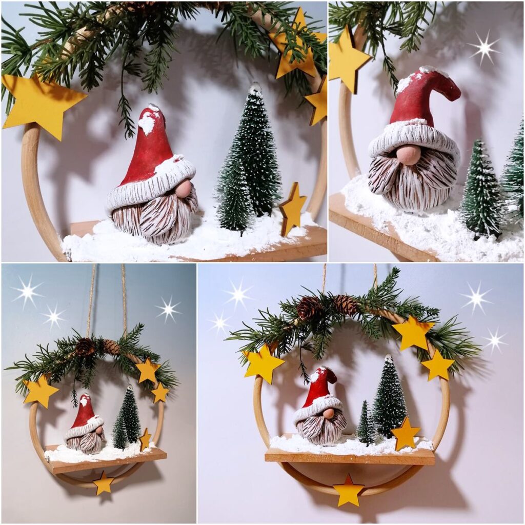 Weihnachtsmann aus Modelliermasse im Bambus-Ring mit gelben Sternen