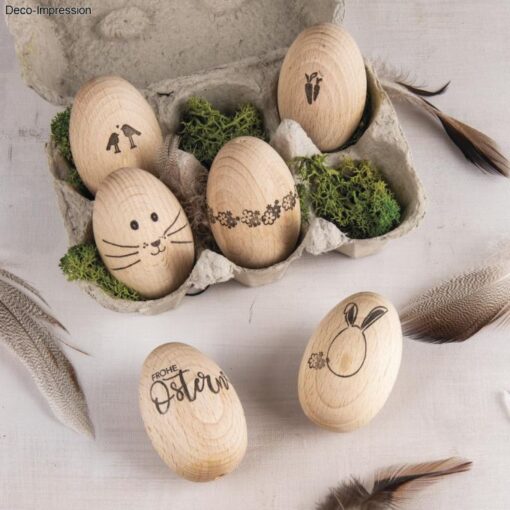 Dekoidee Holzeier mit Clear Stamps Frohe Ostern