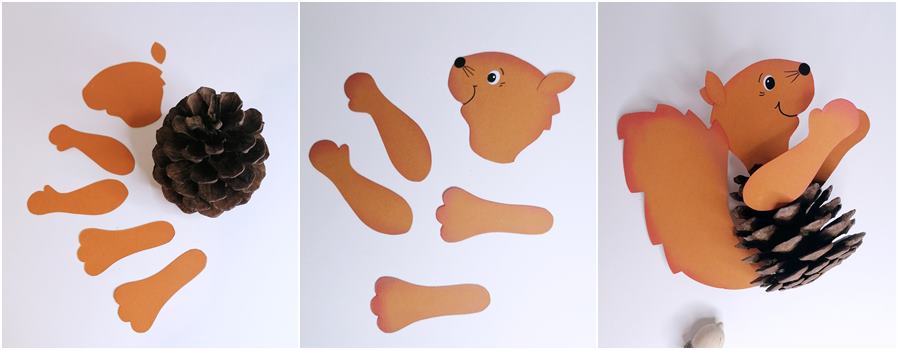 Einzelteile vom Eichhörnchen aus Papier und Pinienzapfen